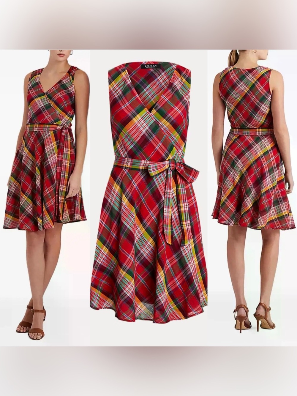 NWT LAUREN Ralph Lauren Plaid Crinkle Cotton Sleeveless Dress-4